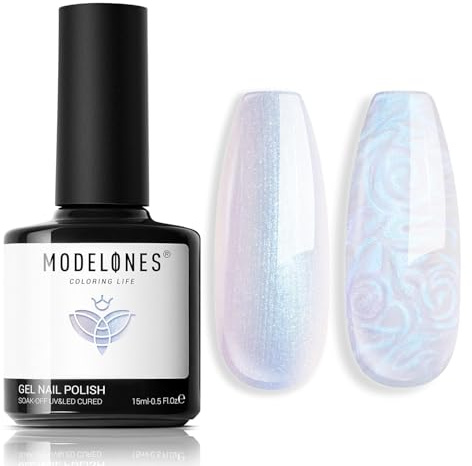 modelones UV Nagellack Weiß Blau,15 ML Gellack Pearl Effect Schimmer Meerjungfrau Gel Nagellack, Glitter Uv Lack Swirl Effekt, Soak Off Nail Gel Polish Nail Art DIY