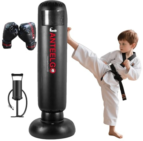 Saco de Boxeo de Pie Niños para Karate y Boxeo: JanTeelGO 150cm Punching Ball Inflable y Guantes de Boxeos - Regalos para Niñas de 3 a 12 años para Practicar Karate, Taekwondo (Saco de Boxeo-B1)