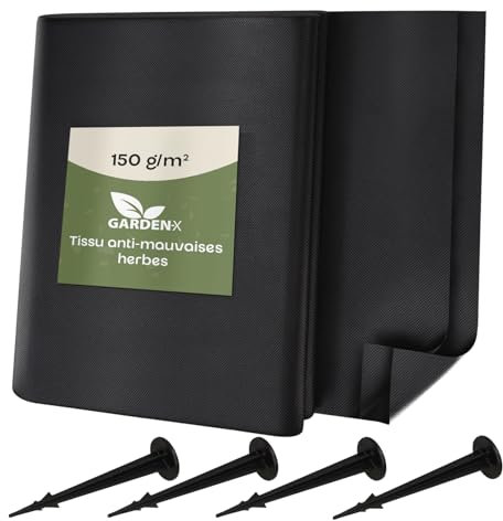 GARDENIX Toile Anti-Mauvaises Herbes 10 m² avec 50 piquets - 10 m² (2 m x 5 m) - Perméable à l'eau - 150 g/m² - Noir - Film Anti-UV, pour Parterre surélevé, Film Anti-Mauvaises Herbes
