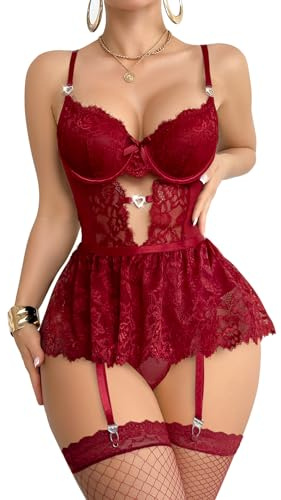 Foxiny Sexy Stocking Underwire Push Up Rhinestones Heart Floral Lace Mesh Sheer Garter Bodysuit Skirt Lingerie Set 3 Piece Women See Through Underwear Burgundy Red Medium