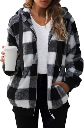 ROFUSSO Giacca con Cappuccio in Pile da Donna Giacca Invernale Calda in Pile con Zip Cappotto Invernale Casual e Morbido con Tasche(Nero,S)