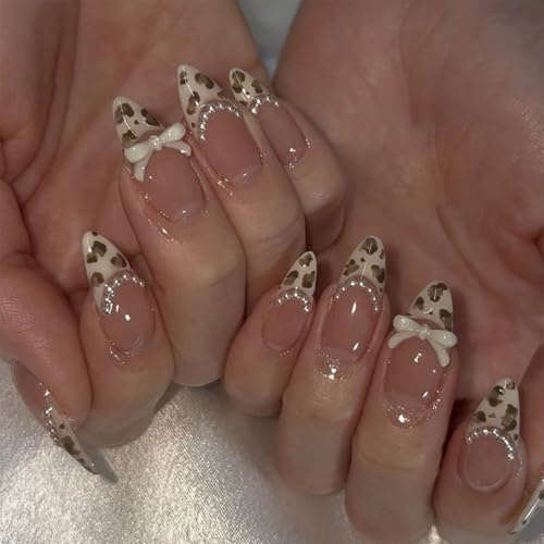 Nymora 24 Stück Press on Nails Französische Spitze Aufklebnägel Weißes Leopard Design Mandelförmig mit Jelly Gel Tragen Set - Fake Nägel für Frauen Mädchen