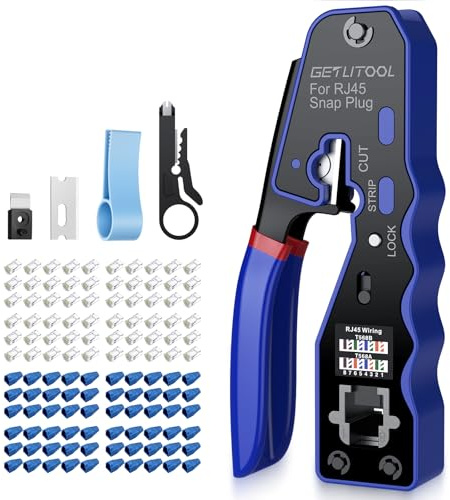 GETLITOOL Crimpadora RJ45 Pasacable Profesional Conjunto Completo con 60 Conectores Cat5e/Cat6/Cat6a Bañados en Oro, Pelacables y Herramientas para Red Ethernet