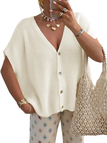 Saodimallsu Cardigan pour femme à manches courtes col en V - Cardigan surdimensionné - Manches chauve-souris - Gilet d'été en tricot - Couleur unie - Léger - Boutonnière, Blanc., L