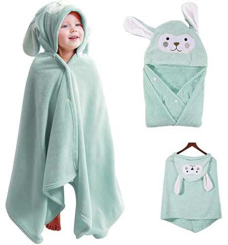 HUANYO Kids Poncho Hooded Towel 33x59 Inches | Rabbit Design Bath & Beach Towel | Extra Large, Ultra Soft 100% Cotton | Quick Dry Bathrobe for Baby, Toddler, Boys & Girls (Green)