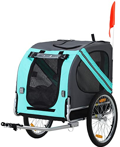 PawHut Folding Dog Bike Trailer Pet Cart Carrier for Bicycle Travel in Steel Frame with Hitch Coupler - Light Blue & Grey