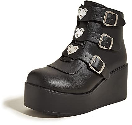 LUCKY STEP Women Platform Chunky Ankle Boots - Round Toe Zipper Wedges High Heels Rave Buckle Thick Sole Goth Booties (Black,8 B(M) US)