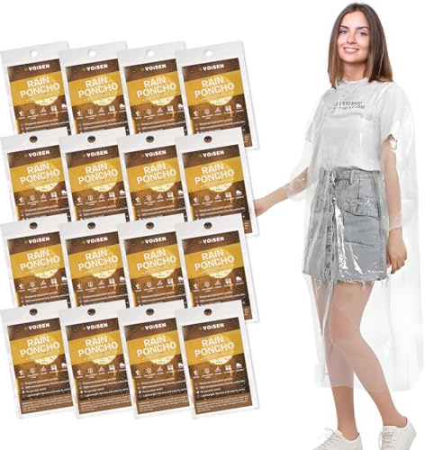 VOISEN Rain Ponchos for Adults,Ponchos Family Pack,16 Pack Ponchos Adult,Emergency Disposable Rain Ponchos,Clear