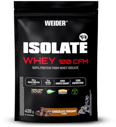 Weider Isolate Whey 100CFM (420g) Chocolate Flavour, Protein 100% Isolate Whey from Isolac®, 23g Protein/Portion, with Digestive Enzymes Digezyme®, No Added Sugar, No Aspartame, Low Fat, 14 Servings