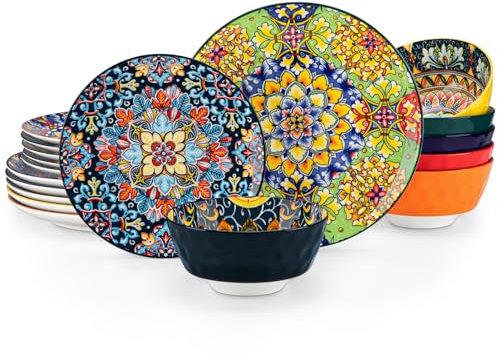 Geschirrset porzellan, vancasso simi 18tlg Tafelservice für 6 Personen, Porzellan Geschirr Set modern, Tellerset bunt 6 personen, Keramikgeschirr mit Schüssel- und Teller Set