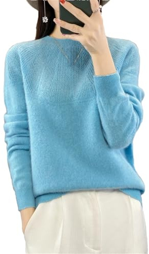 Maglione da donna a girocollo tinta unita 100% lana merino traforato pullover a maniche lunghe lavorato a maglia jumper top, blu cielo, M