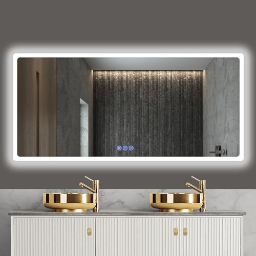 baklon Miroir de Salle de Bain, avec éclairage, 150 x 70 cm, Miroir Mural et Interrupteur Tactile, IP65 LED, avec Fonction mémoire, 3 températures de Couleur, Horizontale/Verticale, Verre trempé HD