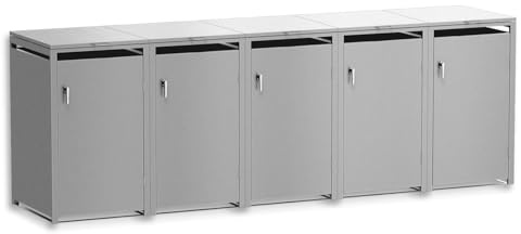 Metzler Mülltonnenbox 5er 240L in Graualuminium, Mülltonnenverkleidung für 5 Tonnen abschließbar und mit Automatikdeckel, pulverbeschichteter & witterungsbeständiger Stahl in RAL9007, Müllbox rostfrei