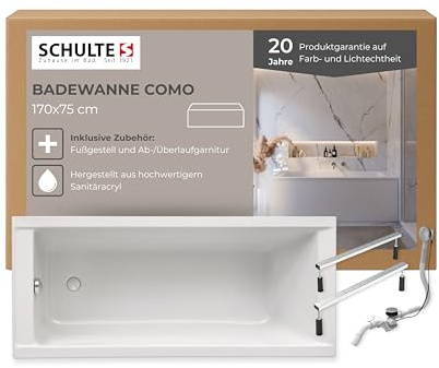Schulte Badewanne Como 170x75 cm, inkl. Fußgestell und Ablauf, aus hochwertigem Acryl in Weiß glänzend