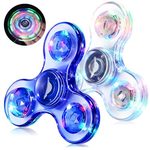 WELLVO LED Fidget Spinner for Kids Adults 2Pcs, Light up Sensory Fidget Toys for Kids 4-8 8-12 Anxiety Stress Relief, Classroom Prizes Glow in The Dark Hand Spinner Boys Girls Birthday Gifts