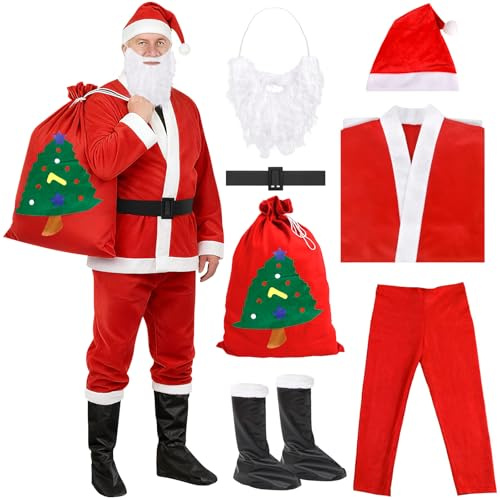 GLOSKIN Grinch Disfraz,Disfraz Papa noel Adulto,Conjunto de 7 Piezas con Barba Papa Noel,Gorro,Zapatos,Ropa,Pantalón,Cinturón y Bolsa de Regalo