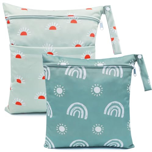 FenFang Bolsa de Pañales, 2 PCS Bolsa Pañales Impermeable Reutilizable Lavable Bolsa Organizador de Maquillaje, Viajes, Playa, Piscina, Gym con 2 Cremallera para Mamá Bebé (Arcoíris Verde)