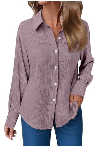 Womens Pleated Blouses Leisure Long Sleeves Turndown Collar Fall Outfits Solid Color Button Up Shirts Casual Loose Top A Purple Large