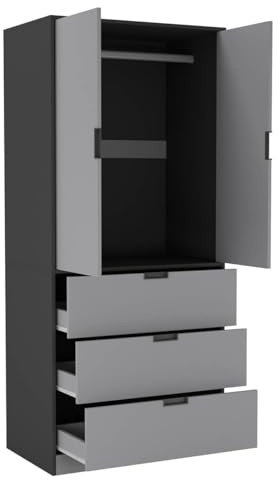 URBNLIVING Modern 2 Door Wardrobe with 3 Drawers & Hanging Rail, Stylish Freestanding Storage, Spacious Interior, Durable Chipboard Build, Easy to Assemble Bedroom Furniture