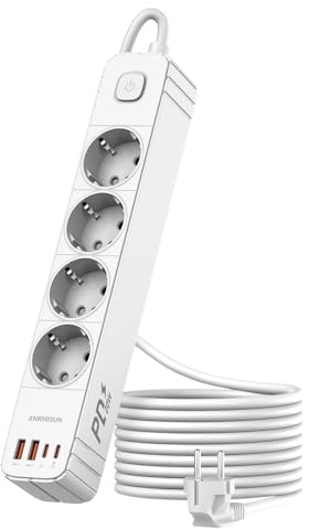 ANRMESUN Strömuttag med 4 uttag och strömbrytare, 2 USB A och 2 USB C (PD 20 W), överbelastningsskydd, kabel 1,9 m, perfekt för resor och hem (vit)