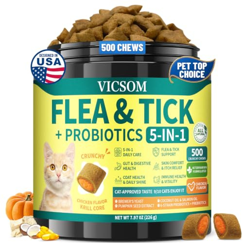 VICSOM Flea and Tick Prevention for Cats, Probiotics for Cats, 500 Chews