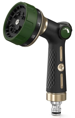 RAINPOINT Hose Pipe Spray Gun, 10 Patterns, Heavy Duty Metal Garden Hose Spray Gun with Thumb Flow Control, High Pressure Hose Nozzle Sprayer for Watering and Cleaning, Olive Green