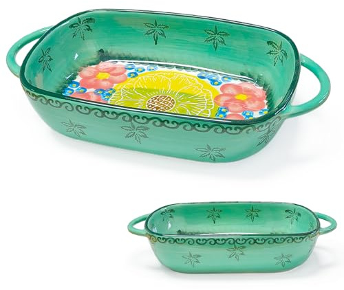BOYIFEIJIE Cazuela rectangular de cerámica, molde para lasaña con 2 asas, diseño vintage de flores, molde para horno, microondas, lavavajillas, ideal para lasaña, cazuela, tiramisú (verde esmeralda)