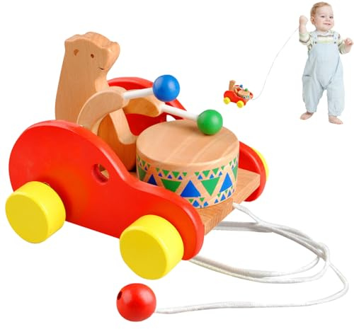Giocattolo Trainabile in Legno - Auto con Orsacchiotto Legno Tamburellante | Giocattolo da Tirare che Cammina | Per Bambini In Età Prescolare Asilo Gioco Indoor Compleanno Festa Salone Giardino
