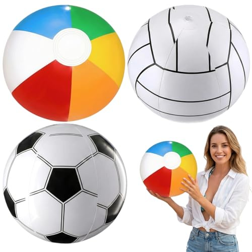 Rndqw 3-Piece Inflatable Ball Set, Inflatable Football, Volleyball and Multi-Colour Beach Ball, Blow Up Inflatable Beach Ball, Ideal for Outdoor, Beach, Pool and Garden Activities