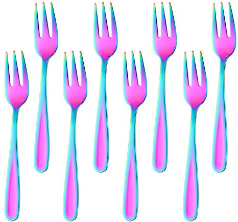 BISDARUN Forchettine da dolce arcobaleno colorate Forchette da dessert 8 pezzi acciaio inox Piccole forchettine aperitivo mini forchette 13,6CM