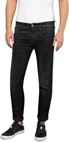 Replay Herren Jeans Anbass Slim-Fit Hyperflex Cloud mit Stretch, Noir 098 (Schwarz), 33W / 32L