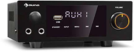 auna AMP-2 DG Stereo HiFi Amplifier - 2 x 50 Watts RMS, Bluetooth Function, 2 x Digital-in: Optical & Coaxial, USB, AUX and DVD Input, Adjustable: Bass, Treble, Balance, Echo, LED Display - Black
