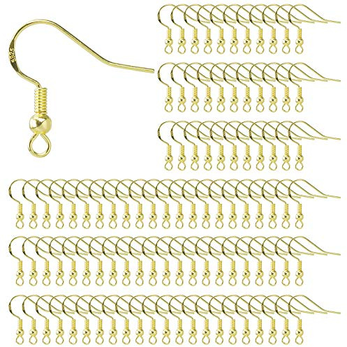 Earring Hooks 925 Sterling Silver Ear Wires Fish Hook Earring with Spring Ball for DIY Jewelry Customize Making 100 Pcs 14K Plated Gold