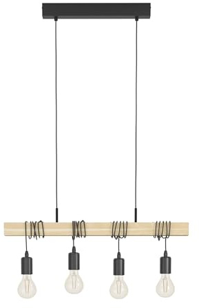 EGLO Pendelleuchte Townshend Holz Vintage, Hängelampe Esszimmer, Hängeleuchte 4-flammig, rustikale Retro Lampe im Industrial Design mit E27 Fassung, schwarz, braun, FSC zertifiziert