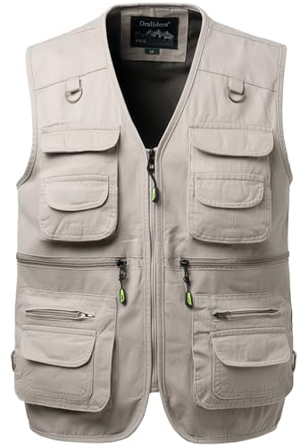 Oralidera Hommes Coton Extérieure Gilet de pêche Multi-Poches Photographie Chasse sans Manche Veste de Sport Gilet Journaliste, Beige, L