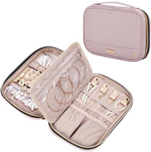 NISHEL Travel Jewelry Case, Holiday Organizer for Necklaces, Earrings, Rings, Bracelets, Watch, Pink