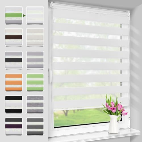 Deswell Store Enrouleur Jour Nuit sans Perçage, Tamisant pour Fenêtre ou Porte, Installation Facile avec Clips, 50 x 100 cm (Largeur du Tissu 46 cm), Blanc