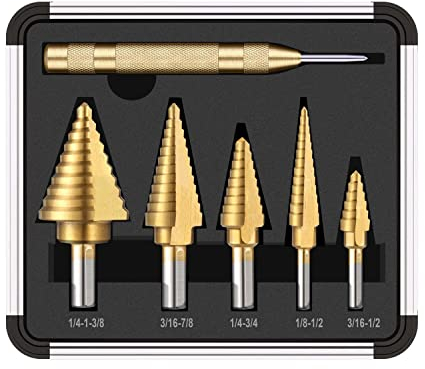 Step Drill Bit Set, 5 Pcs Titanium Coated High Speed Steel Step Drill Bits with 1 Pc Automatic Center Punch for Drilling Sheet Metal, DIY Project