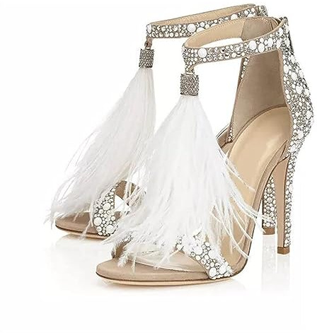 CcacHe Donna Nappe Strass con Tacco Sandali Sexy Soffice Piume Punta Aperta Cerniera Posteriore Matrimonio Scarpe da da Sera Tacco Alto Scarpe da Sposa Bianco Scarpe (Color : Bianco, Size : 39 EU)