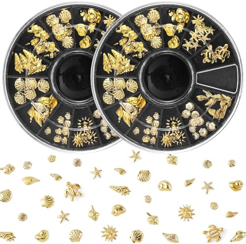 Pndeyo Ocean Nail Charms Nail Art Stickers 2 Disc, Beach Starfish Sea Seashell Charms Decals, Gold Metal 3D Gems Decals for Manicure DIY Embellishments 12 Style