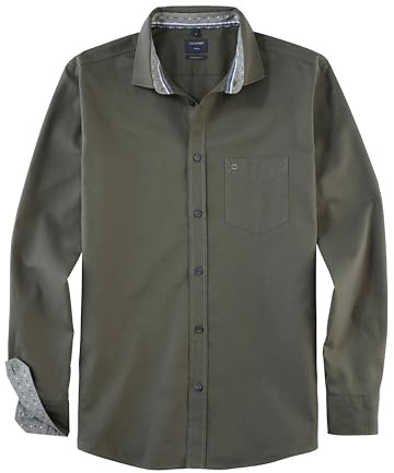 OLYMP Men's Casual Shirt, Long-Sleeved Shirt, Plain, Regular Fit, Kent Collar, Olive 47, XL