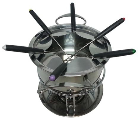 Suoumwa Juego de Ollas para Fondue, Olla para Fondue Multiusos para Acampar Al Aire Libre con 6 Varillas, Olla para Fondue de Queso y Chocolate de Acero Inoxidable