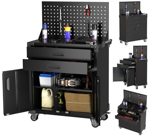 SUPEER Professioneller Werkzeugschrank mit 2 Schubladen,Werkstattwagen mit Werkzeugbrett (Pegboard), 4 Aufbewahrungshaken und Rollen – Stabiler Metallschrank zur Werkzeugaufbewahrung