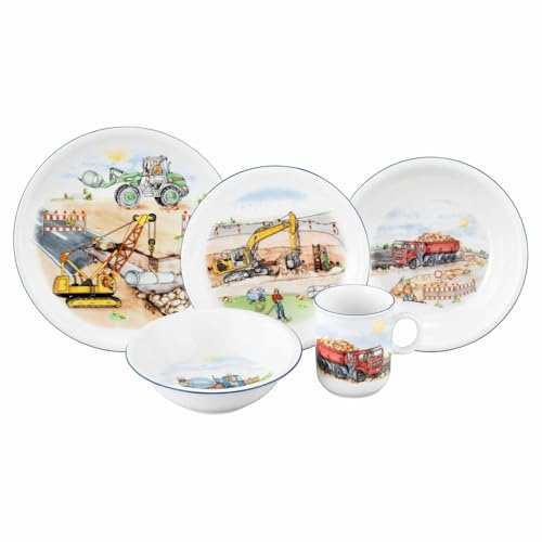 Seltmann Weiden Compact Kindergeschirrset 5-teilig, Teller-Set Schale und Becher für Kinder, Kinderservice mit bunten Motiven, Porzellan, Auf der Baustelle