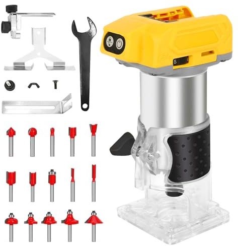 Cordless Palm Hand Routers for Dewalt Battery with 15pcs Bits, Brushless Wood Trim Router for Wood Working Joiner Cutting, 6 Speed Adjustment, 0-22000r/Min, 1/4, 6 mm, (Battery Not Included)