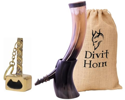 Divit Horn Corno da bevuta vichingo autentico (16 oz) con apribottiglie | Autentico Corno da Birra Medievale | Busta Regalo in Lino Inclusa (Wolf Horn + Hornöffner, 450-500 ml)
