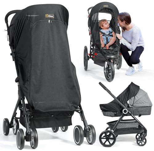 Orzbow Universal Pram Sun Shade, Breathable Sun Shade for Pram with Zip Window, UPF 50+ Stroller Sun Shade with PES Woven Fabric, Blackout Blind Pushchair Sun Shade Cover, Block 99% of UV, Black
