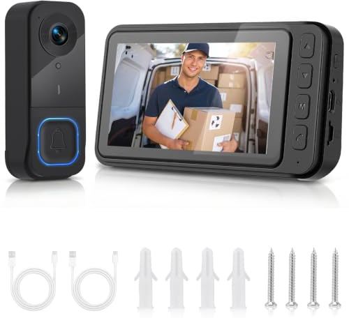 Sonnette vidéo 4,5 écran, 120° Grand Angle, 2 Voies Audio, 720P HD | Sans Wi-Fi ni app, système autonome 2,4 GHz (100 m), batterie 1000mAh, 720P, vidéo jusqu'à 128Go