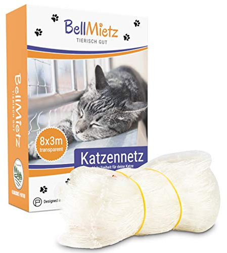 BellMietz® Katzennetz für Balkon & Fenster (durchsichtig) | Extragroßes 8x3m Katzenschutz-Netz ohne Bohren | Balkonschutz Inkl. 25m Befestigungsseil | Balkonnetz besonders transparent & sicher