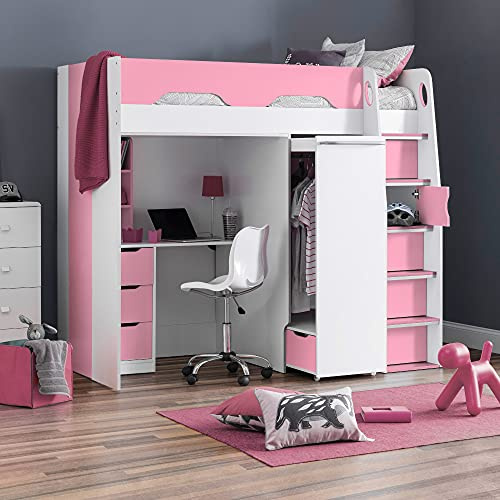 happybeds High Sleeper Storage Bed, Pegasus Wood Modern Desk Wardrobe Drawers Cupboards Loft Bunk (3FT - Frame Only, Pink and White)